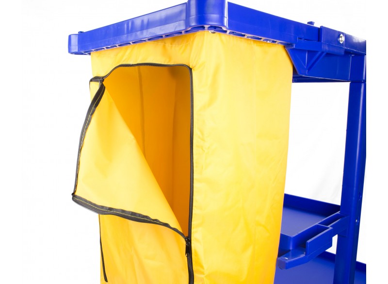 Janitor Cart with Front Casters & Non-Marking Rear Wheels - Polyester Garbage Bag Support - 3 Shelves - Blue