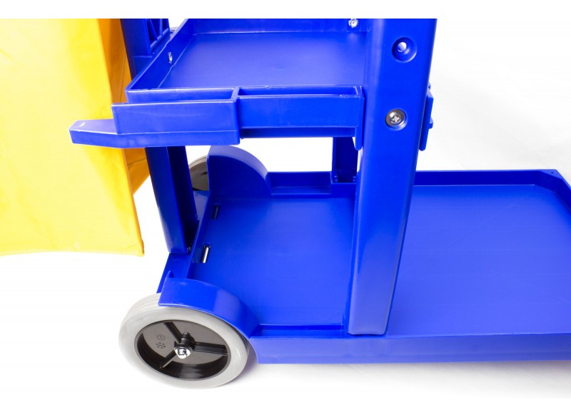 Janitor Cart with Front Casters & Non-Marking Rear Wheels - Polyester Garbage Bag Support - 3 Shelves - Blue