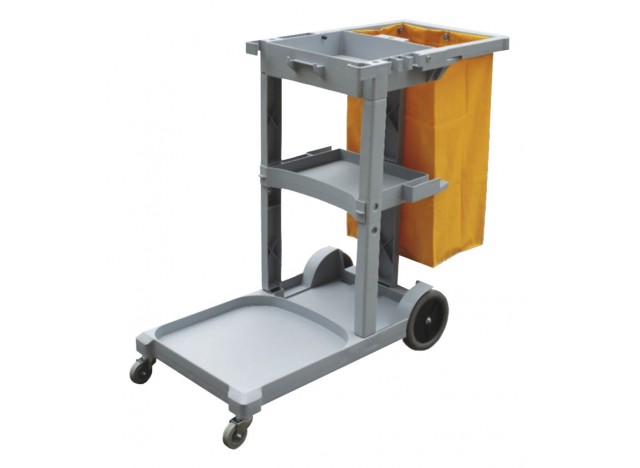 Janitor Cart with Front Casters & Non-Marking Rear Wheels - Polyester Garbage Bag Support - 3 Shelves - Grey