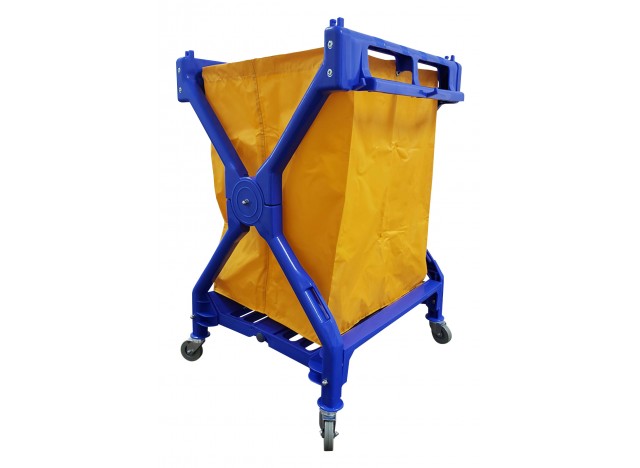 Commercial Folding  X-Frame Laundry / Mail Cart - 4 Swivel Casters /  Wheels - Polyester Bag Support - Blue