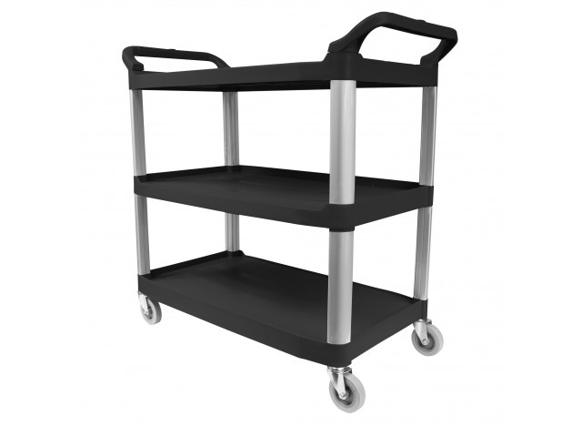 Service / Utility Cart - 3 Shelves - 4 Swivel Casters / Wheels - Black
