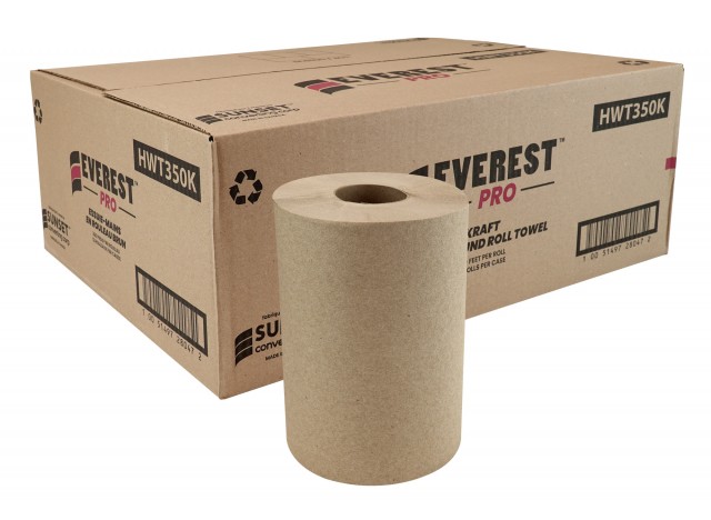 Paper Hand Towel - 7.8" (20 cm)  Width - Roll of 350' (106.7 m) - Box of 12 Rolls - Brown - HWT350K