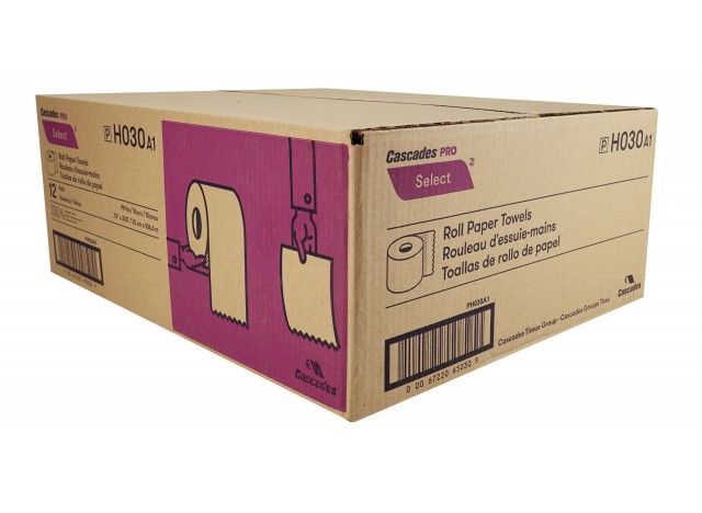 Paper Hand Towel - 7.9" (20.1 cm) - Width - Roll of 350' (106.6 m) - Box of 12 Rolls - White - Cascades Pro H030