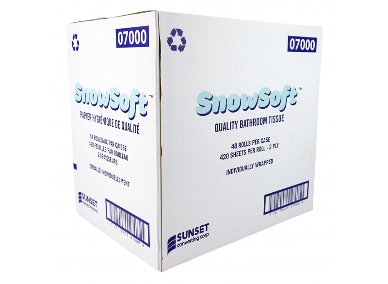 Papier hygiénique vierge - 2 épaisseurs - 48 rouleaux de 420 feuilles - 4.25" X 3.5" - SUNSET Snow Soft 7000