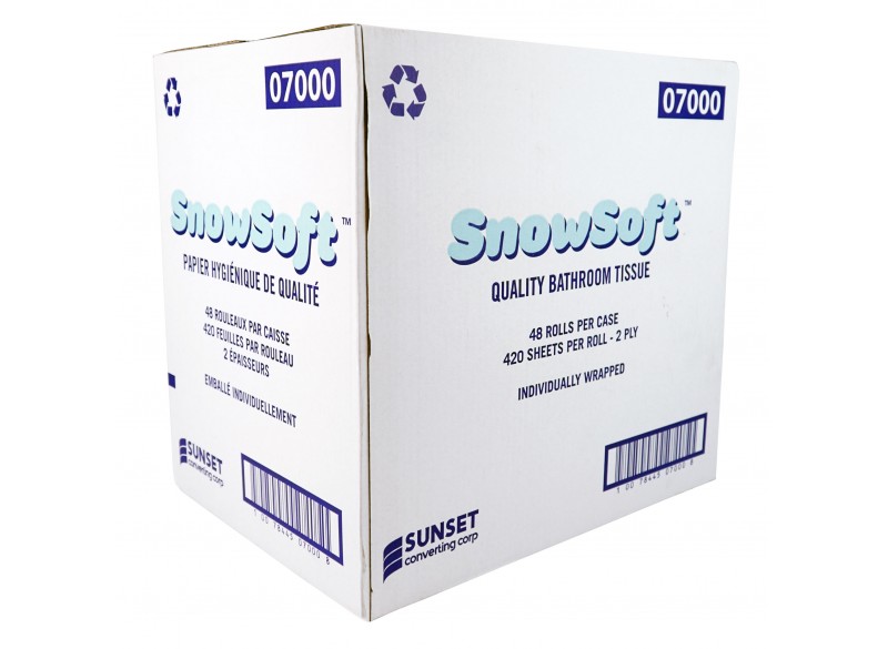 Virgin Bathroom Tissue - 2-Ply - Box of 48 Rolls of 420 Sheets - 4.25" X 3.5" - SUNSET Snow Soft 7000