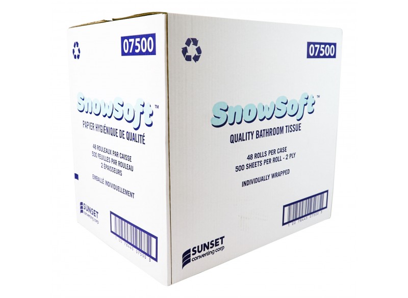 Virgin Bathroom Tissue - 2-Ply - Box of 48 Rolls of 500 Sheets - 4.25" X 3.5" - SUNSET Snow Soft 7500