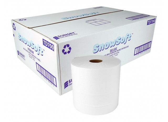 Papier essuie-mains multicouches SUNSET Snow Soft Deluxe - 2 épaisseurs - 700 pieds - boîte de 6 rouleaux - blanc - TD700