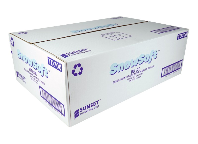 Papier essuie-mains multicouches SUNSET Snow Soft Deluxe - 2 épaisseurs - 700 pieds - boîte de 6 rouleaux - blanc - TD700