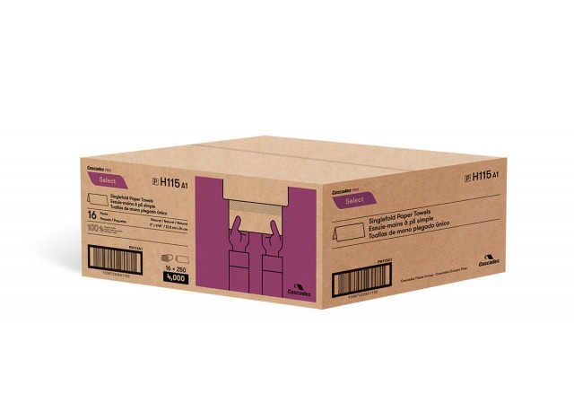Paper Hand Towel - Singlefold - 9" x 9.45" (22.9 cm x 24 cm) - Box of 16 Packs of 250 Sheets - Brown - Cascades Pro H115