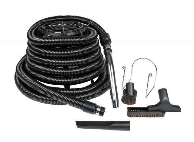 Garage Central Vacuum Kit - 40' (12 m) Hose with Metal Handle - Upholstery Brush - Dusting Brush - Crevice Tool - Hose Holder - Black
