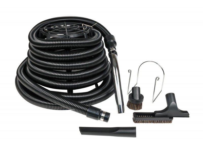 Garage Central Vacuum Kit - 40' (12 m) Hose with Metal Handle - Upholstery Brush - Dusting Brush - Crevice Tool - Hose Holder - Black