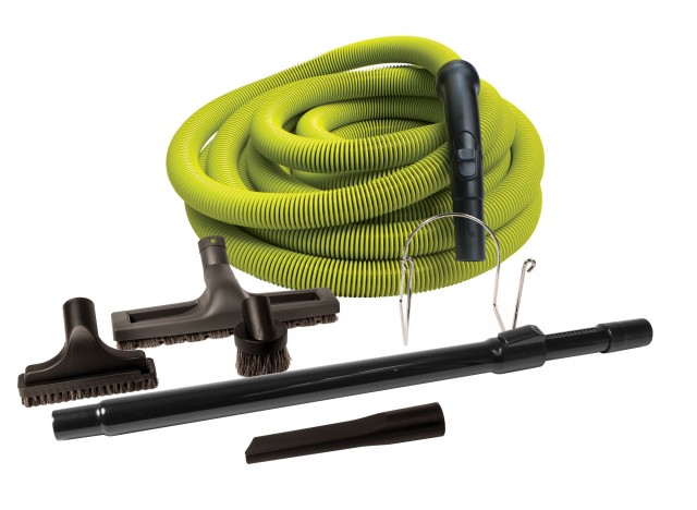 Central Vacuum Kit - 50' (15 m) Lime Hose - Floor Brush - Dusting Brush - Upholstery Brush - Crevice Tool - Telescopic Wand - Hose and Tools Hangers - Black