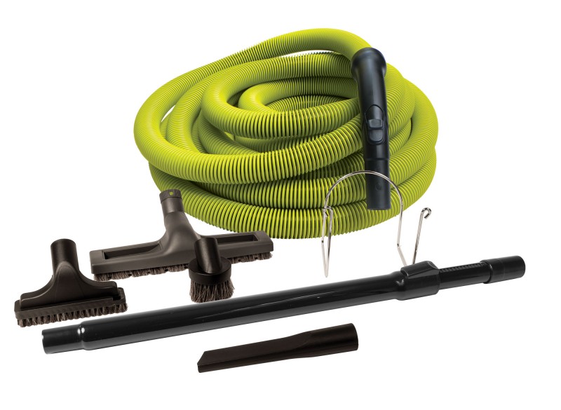 Central Vacuum Kit - 50' (15 m) Lime Hose - Floor Brush - Dusting Brush - Upholstery Brush - Crevice Tool - Telescopic Wand - Hose and Tools Hangers - Black