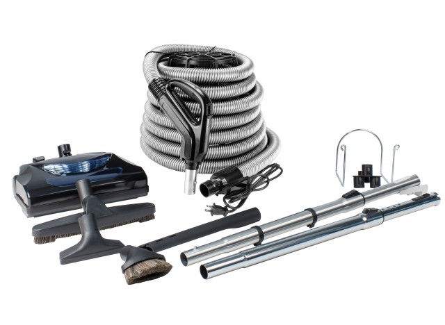 Central Vacuum Kit - 30' (9 m) Silver Electrical Hose - Power Nozzle - Floor Brush - Dusting Brush - Upholstery Brush - Crevice Tool - 2 Telescopic Wands - Hose and Tools Hangers - Black