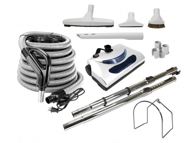 Central Vacuum Kit - 30' (9 m) Silver Electrical Hose - Power Nozzle - Floor Brush - Dusting Brush - Upholstery Brush - Crevice Tool - 2 Telescopic Wands - Hose and Tools Hangers - Grey