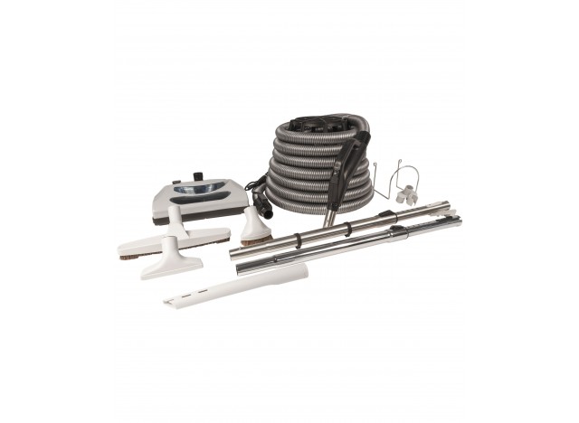 Central Vacuum Kit - 35' (10 m) Silver Electrical Hose - Power Nozzle - Floor Brush - Dusting Brush - Upholstery Brush - Crevice Tool - 2 Telescopic Wands - Hose and Tools Hangers - Grey