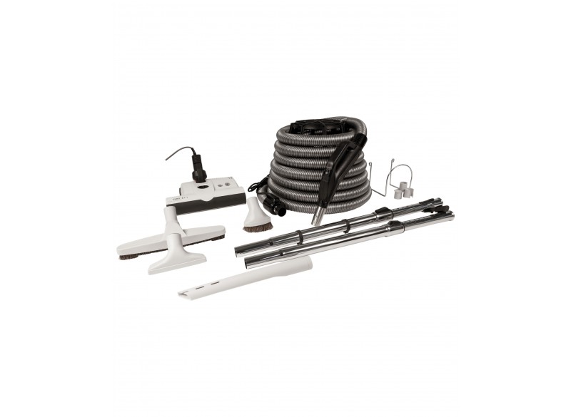 Central Vacuum Kit - 35' (10 m) Silver Electrical Hose - SEBO Power Nozzle - Floor Brush - Dusting Brush - Upholstery Brush - Crevice Tool - 2 Telescopic Wands - Hose and Tools Hangers - Grey