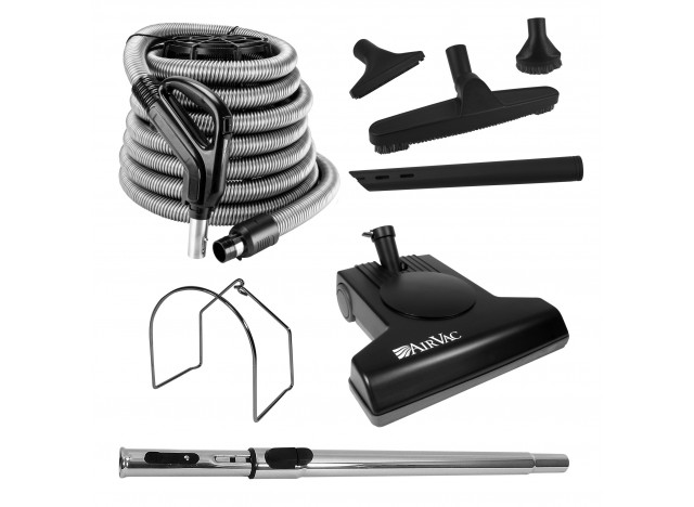 Central Vacuum Cleaner Kit - 30' (9 m) Hose with On/Off Switch - Air Nozzle - Mini Air Nozzle - Floor Brush - Upholstery Brush - Crevice Tool - Telescopic Wand - Metal Hose Hanger - Black