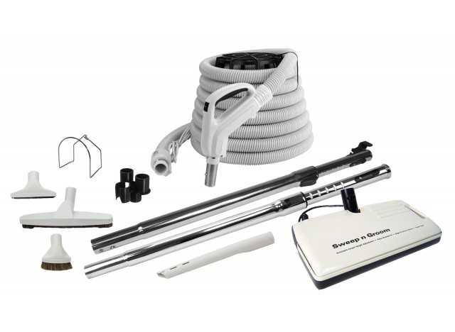 Central Vacuum Kit - 30' (9 m) Electrical Hose - Sweep n Groom Power Nozzle - Floor Brush - Dusting Brush - Upholstery Brush - Crevice Tool - 2 Telescopic Wands - Hose and Tools Hangers - Grey
