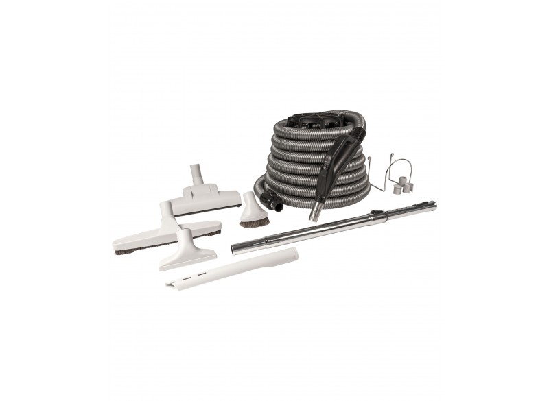 Central Vacuum Kit - 30' (9 m) Silver Electrical Hose - Wessel-Werk Air Nozzle - Floor Brush - Dusting Brush - Upholstery Brush - Crevice Tool - Telescopic Wand - Hose and Tools Hangers - Grey