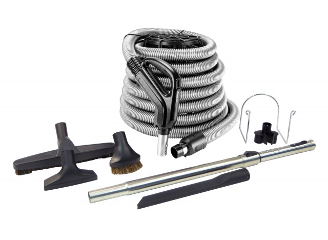 Central Vacuum Kit - 30' (9 m) Silver Hose Gas Pump Handle - Floor Brush - Dusting Brush - Upholstery Brush - Crevice Tool - Telescopic Wand - Hose and Tools Hangers - Black