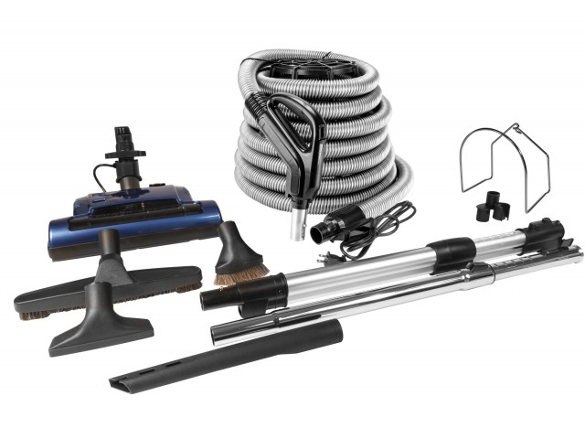 Central Vacuum Kit - 30' (9 m) Silver Electrical Hose - Blue Power Nozzle - Floor Brush - Dusting Brush - Upholstery Brush - Crevice Tool - Telescopic Wand - Hose and Tools Hangers - Black
