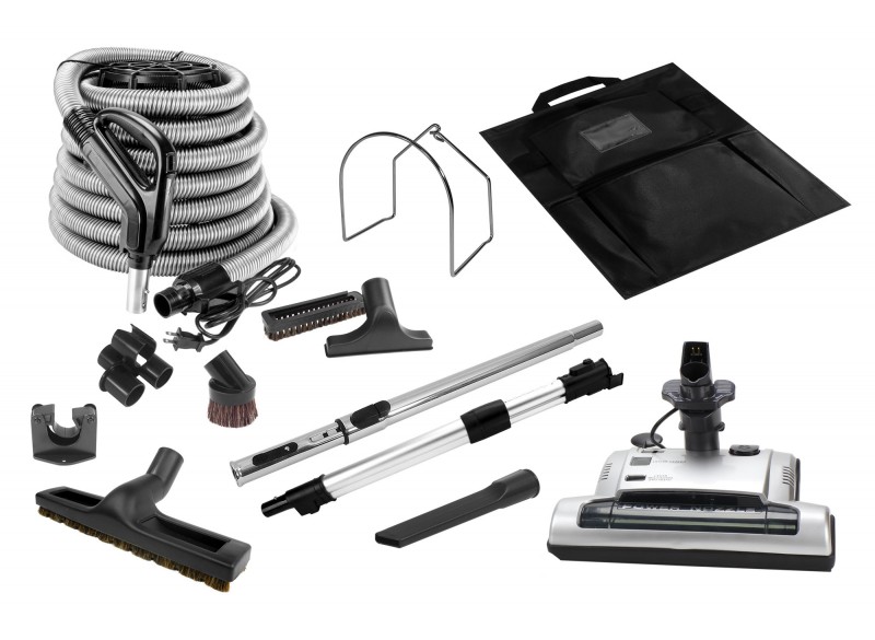 Central Vacuum Kit - 30' (9m) Electric Hose with Ergonomic Handle - Power Nozzle - Floor Brush - Upholstery Brush - Dusting Brush - Crevice Tool - Telescopic Wand - Grey