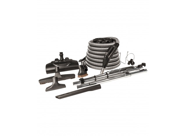 Central Vacuum Kit - 30' (9 m) Silver Electrical Hose - Wessel-Werk Power Nozzle - Floor Brush - Dusting Brush - Upholstery Brush - Crevice Tool - 2 Telescopic Wands - Hose and Tools Hangers - Black