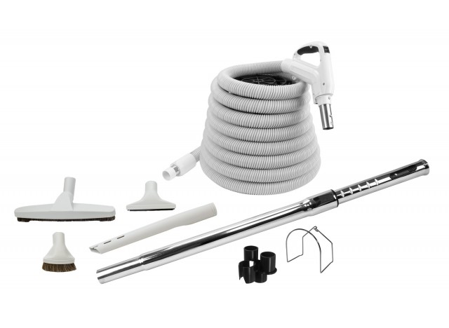 Ensemble pour aspirateur central - boyau 10 m (35') - brosse à plancher - brosse à épousseter - brosse pour meubles - outil de coins - manchon télescopique - supports pour boyau et outils - gris