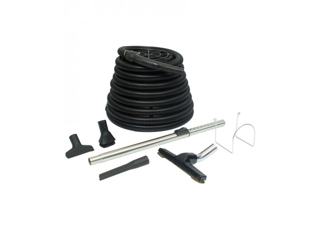 Central Vacuum Kit for Garage - 30' (9 m) Hose - Floor Brush - Upholstery Brush - Dust Brush - Metal Telescopic Wand - Metal Hose Hanger - Black