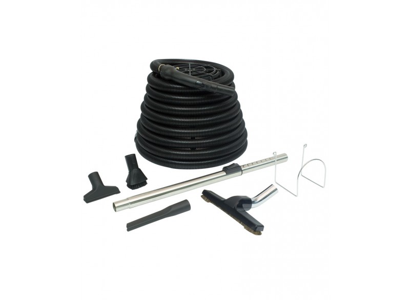 Ensemble pour aspirateur central pour garage - boyau de 9 m (30') - brosse à plancher - brosse pour meubles - brosse à épousseter - outil de coins - manchon télescopique en métal  - support à boyau en métal - noir