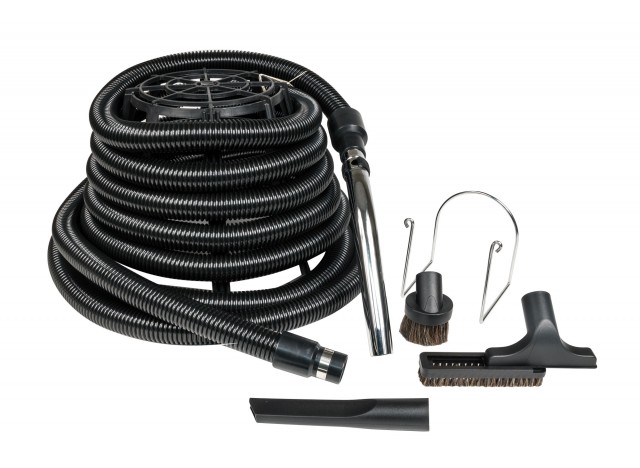 Central Vacuum Kit for Garage - 30' (9 m) Silver Hose - Dusting Brush - Upholstery Brush - Crevice Tool - Metal Hose Hanger - Black