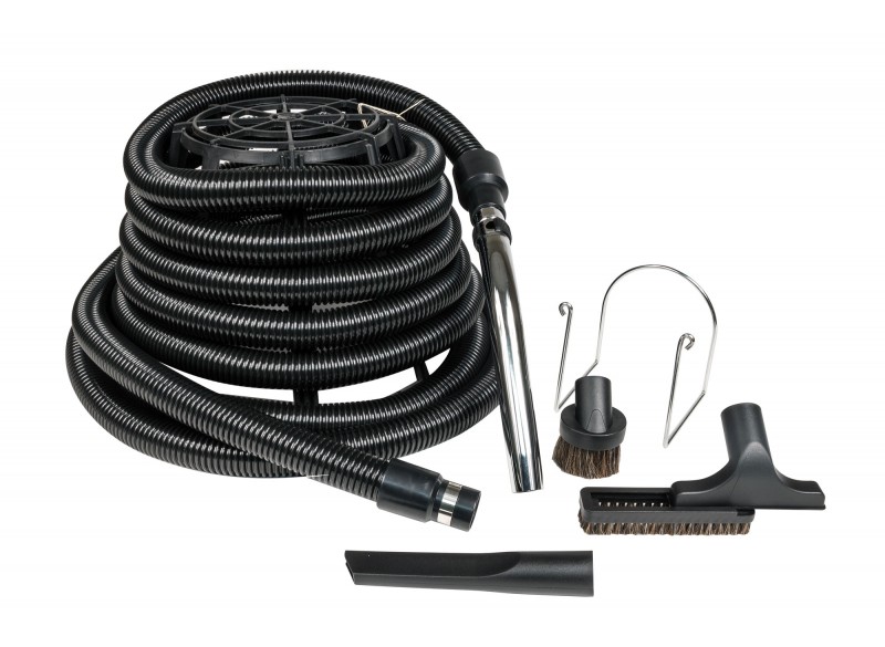 Central Vacuum Kit for Garage - 30' (9 m) Silver Hose - Dusting Brush - Upholstery Brush - Crevice Tool - Metal Hose Hanger - Black