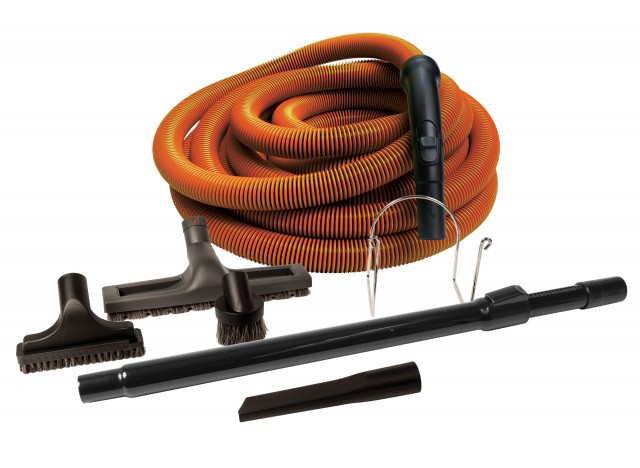 Ensemble pour aspirateur central - boyau 9 m (30') de couleur orange - brosse à plancher - brosse à épousseter - brosse pour meubles - outils de coins - manchon télescopique en plastique - support en métal pour boyau - noir