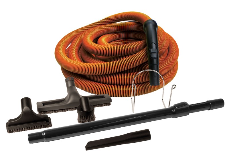 Ensemble pour aspirateur central - boyau 9 m (30') de couleur orange - brosse à plancher - brosse à épousseter - brosse pour meubles - outils de coins - manchon télescopique en plastique - support en métal pour boyau - noir