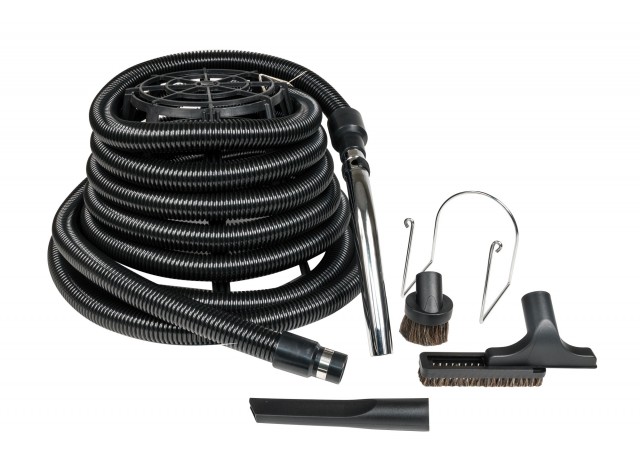 Central Vacuum Kit for Garage - 35' (10 m) Silver Hose - Dusting Brush - Upholstery Brush - Crevice Tool - Metal Hose Hanger - Black
