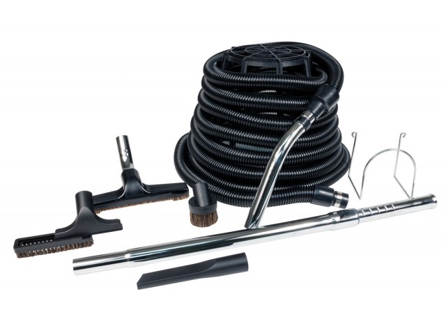 Central Vacuum Kit for Garage - 35' (10 m) Black Hose - Floor Brush - Dusting Brush - Upholstery Brush - Crevice Tool - Telescopic Wand - Metal Hose Hanger - Black