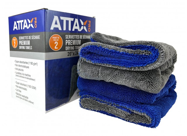 Premium Drying Towels - 20" x 24" - 1180 GSM - Pack of 2 - Attax ® Pro