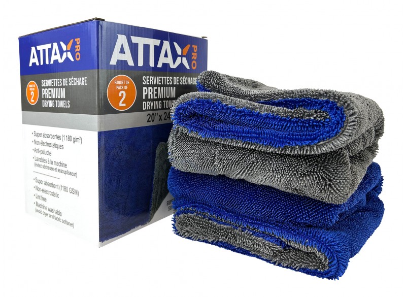 Premium Drying Towels - 20" x 24" - 1180 GSM - Pack of 2 - Attax ® Pro